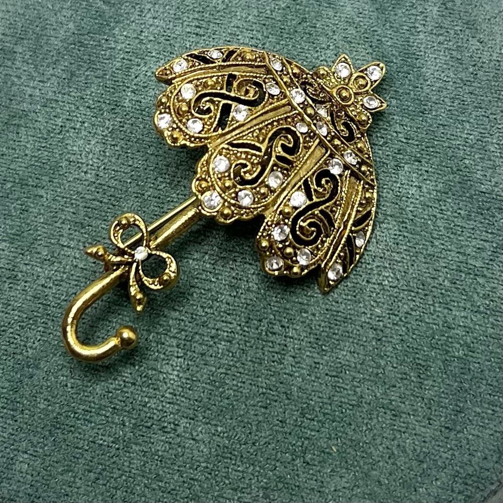 1928 Umbrella Gold With Rhinestone Tone Brooch